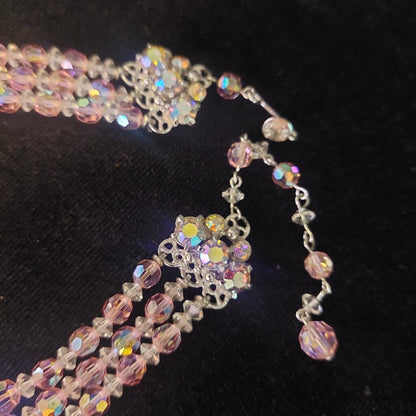 1950 Continental 3 Strand Pink Crystal Necklace & Clip On Earrings