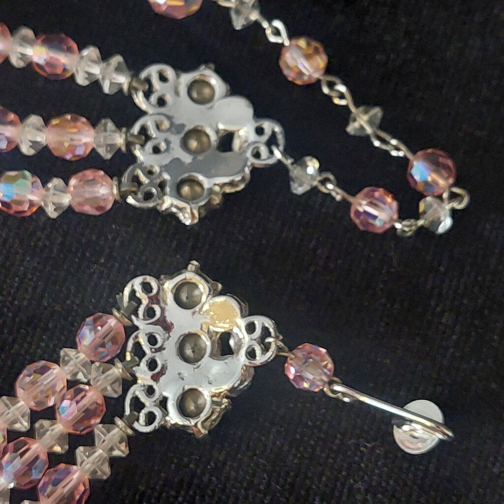 1950 Continental 3 Strand Pink Crystal Necklace & Clip On Earrings