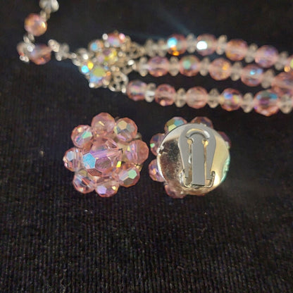1950 Continental 3 Strand Pink Crystal Necklace & Clip On Earrings