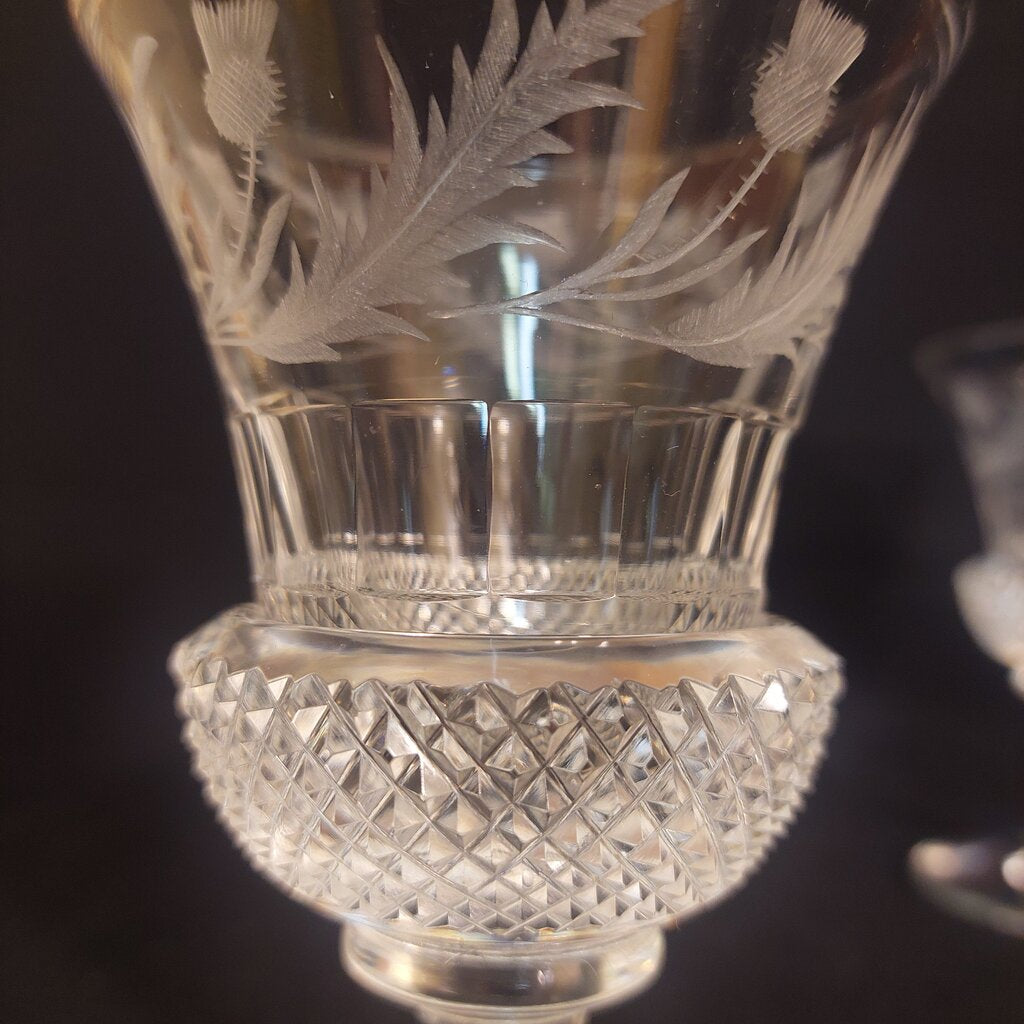Two Antique Scottish Thistle Shaped Glasses w. Etched Thistle Pattern