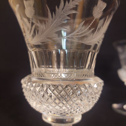 Two Antique Scottish Thistle Shaped Glasses w. Etched Thistle Pattern