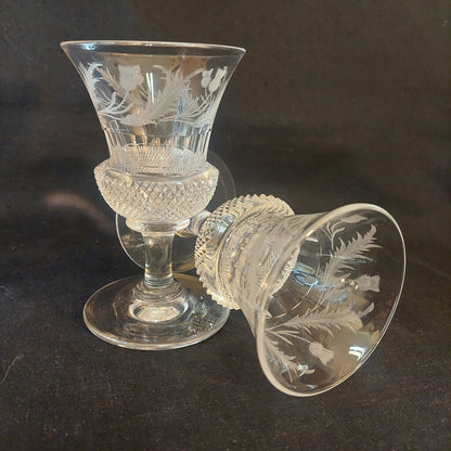 Two Antique Scottish Thistle Shaped Glasses w. Etched Thistle Pattern