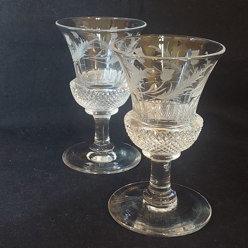 Two Antique Scottish Thistle Shaped Glasses w. Etched Thistle Pattern