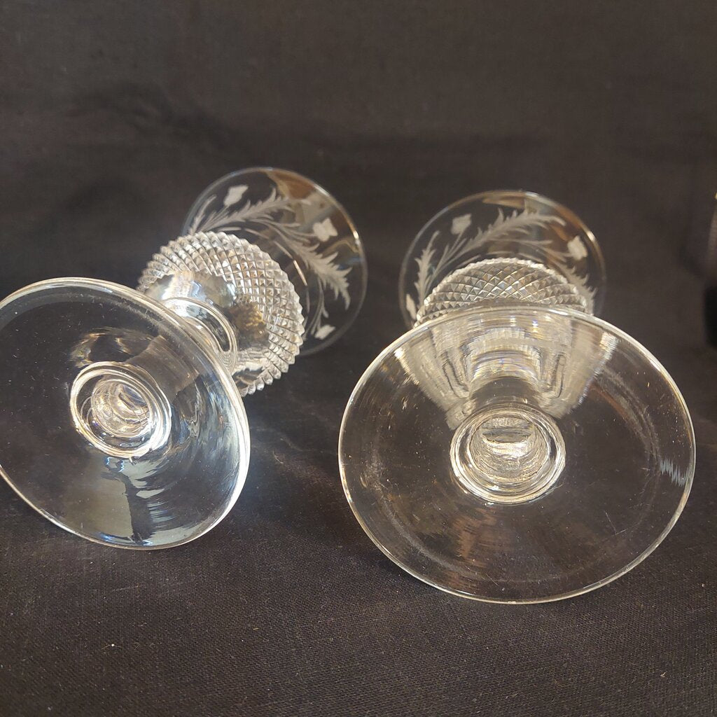 Two Antique Scottish Thistle Shaped Glasses w. Etched Thistle Pattern