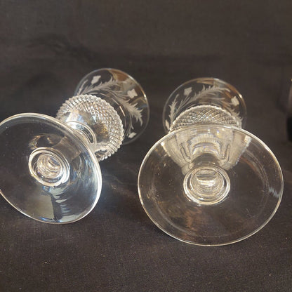 Two Antique Scottish Thistle Shaped Glasses w. Etched Thistle Pattern