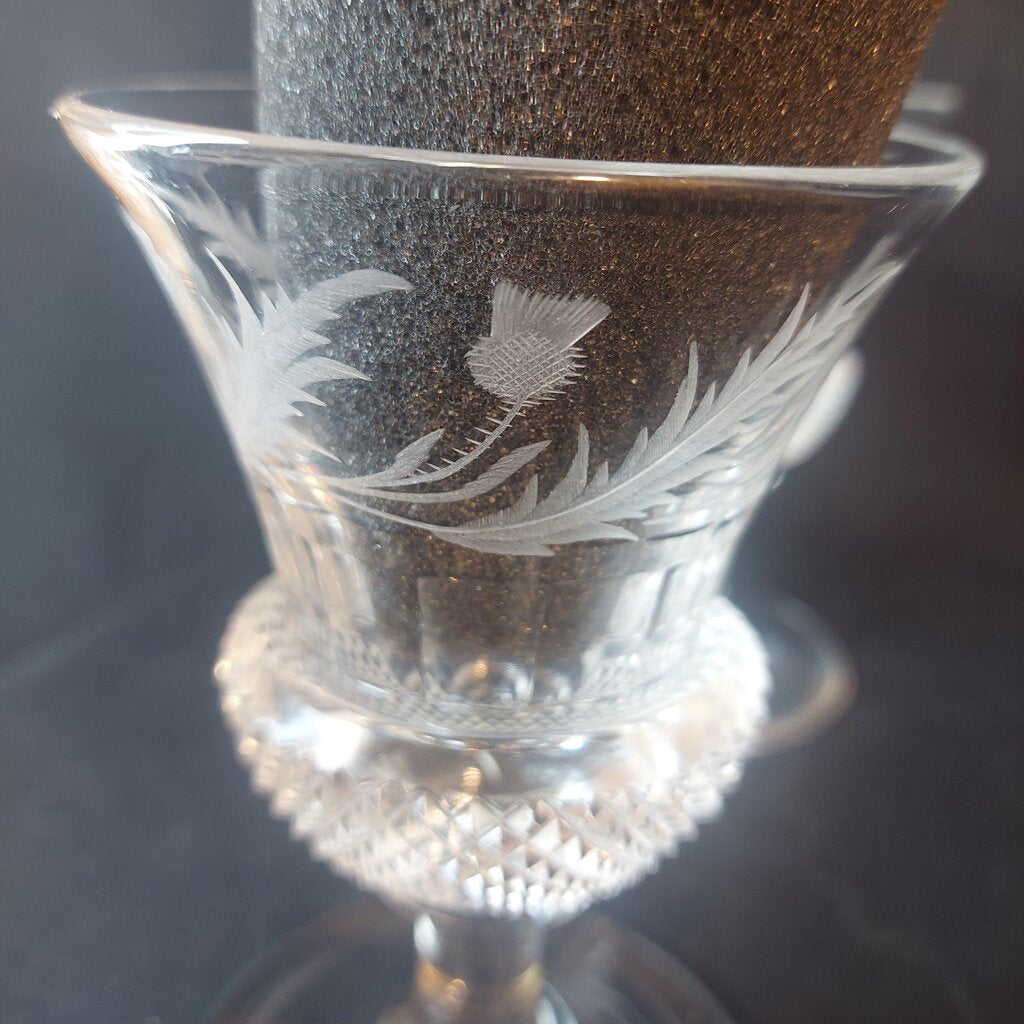 Two Antique Scottish Thistle Shaped Glasses w. Etched Thistle Pattern