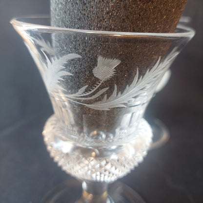 Two Antique Scottish Thistle Shaped Glasses w. Etched Thistle Pattern