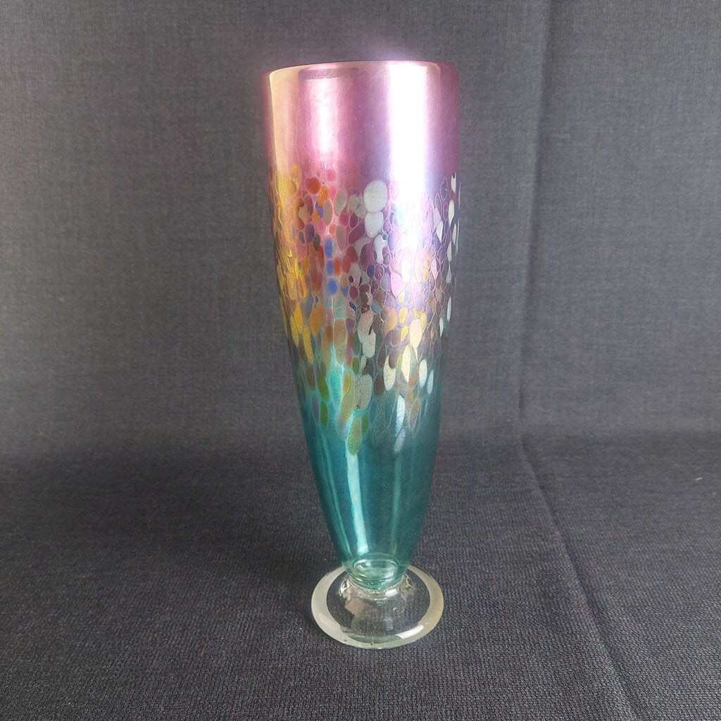 ROBERT HELD Art Glass Footed Vase Hand Blown Pulled Peacock Feather Pink Green Iridescent - The URBANARY Home and Garden