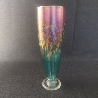 ROBERT HELD Art Glass Footed Vase Hand Blown Pulled Peacock Feather Pink Green Iridescent - The URBANARY Home and Garden