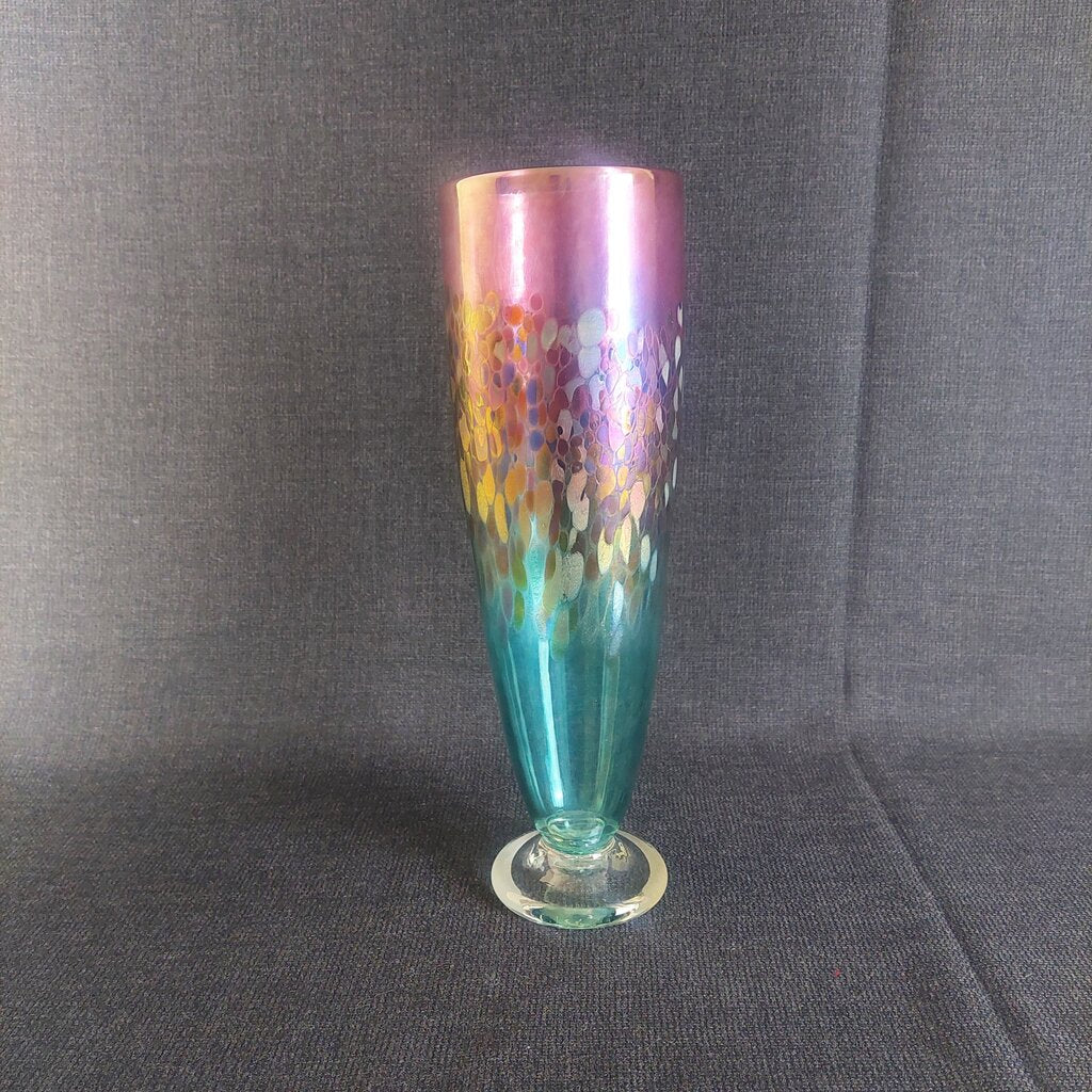 ROBERT HELD Art Glass Footed Vase Hand Blown Pulled Peacock Feather Pink Green Iridescent - The URBANARY Home and Garden
