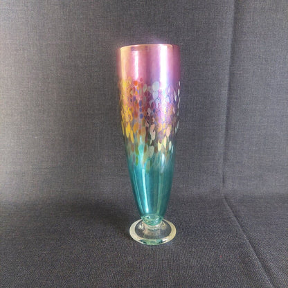 ROBERT HELD Art Glass Footed Vase Hand Blown Pulled Peacock Feather Pink Green Iridescent - The URBANARY Home and Garden