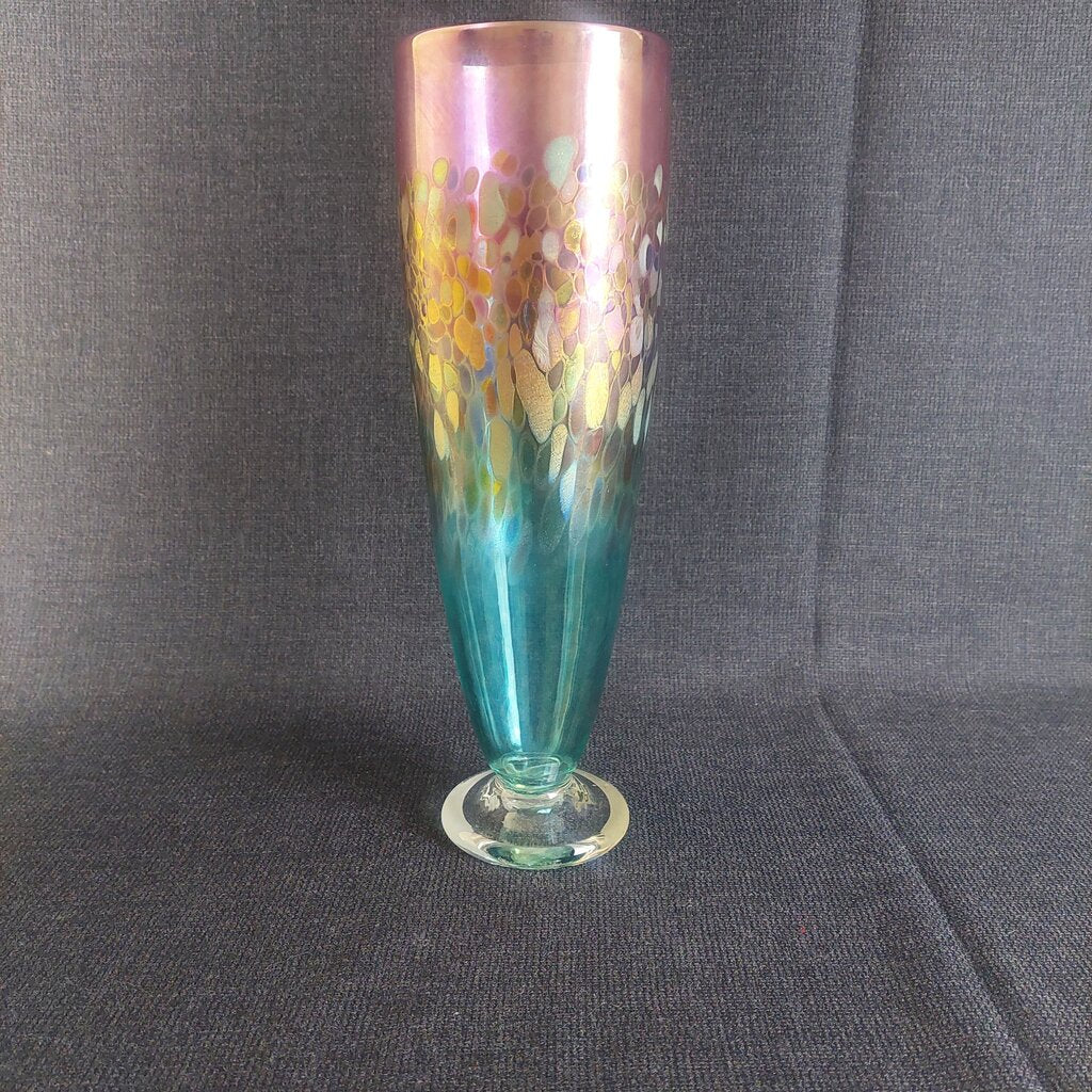 ROBERT HELD Art Glass Footed Vase Hand Blown Pulled Peacock Feather Pink Green Iridescent - The URBANARY Home and Garden
