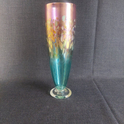ROBERT HELD Art Glass Footed Vase Hand Blown Pulled Peacock Feather Pink Green Iridescent - The URBANARY Home and Garden
