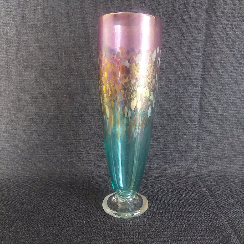 ROBERT HELD Art Glass Footed Vase Hand Blown Pulled Peacock Feather Pink Green Iridescent - The URBANARY Home and Garden