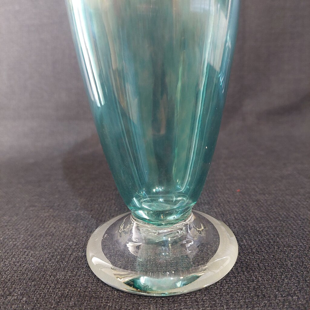 ROBERT HELD Art Glass Footed Vase Hand Blown Pulled Peacock Feather Pink Green Iridescent - The URBANARY Home and Garden