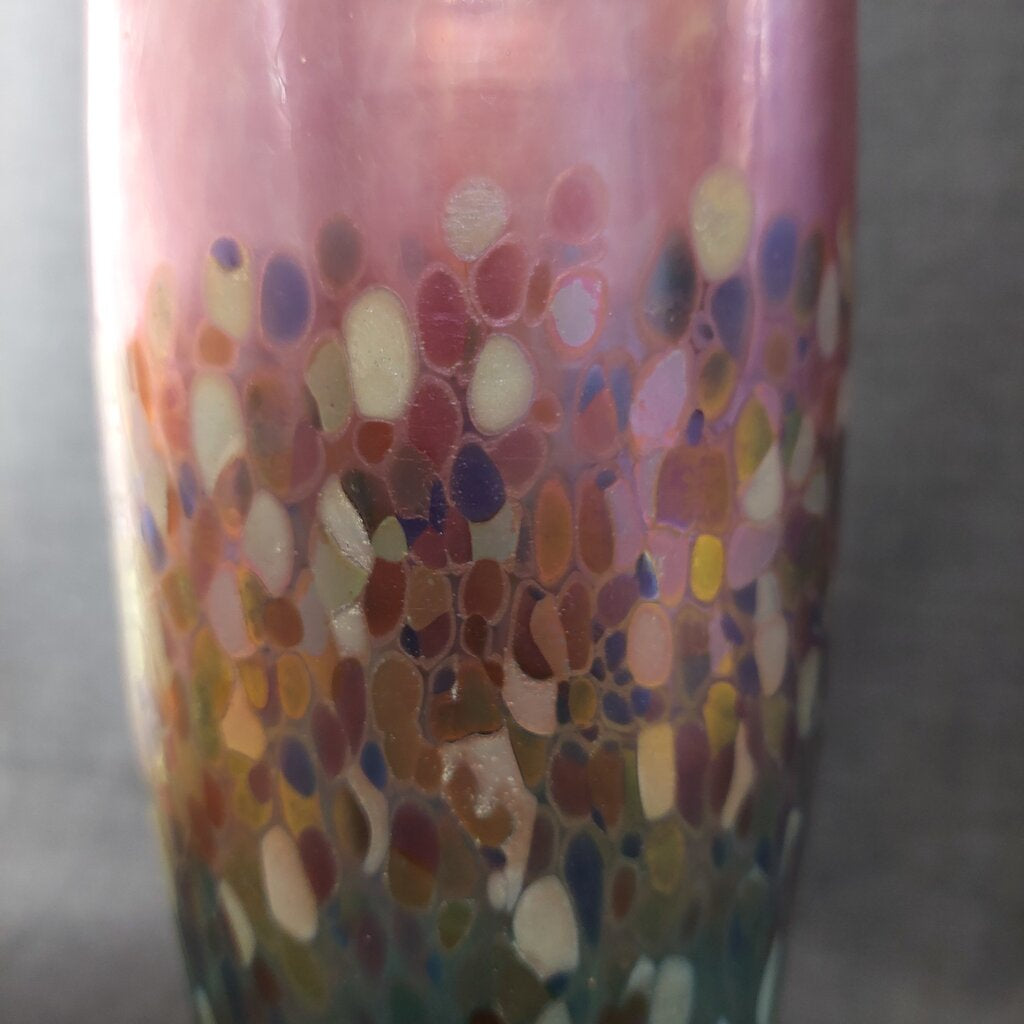 ROBERT HELD Art Glass Footed Vase Hand Blown Pulled Peacock Feather Pink Green Iridescent - The URBANARY Home and Garden