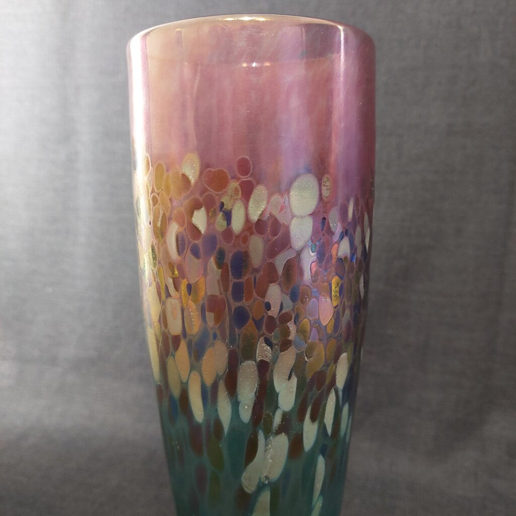 ROBERT HELD Art Glass Footed Vase Hand Blown Pulled Peacock Feather Pink Green Iridescent - The URBANARY Home and Garden