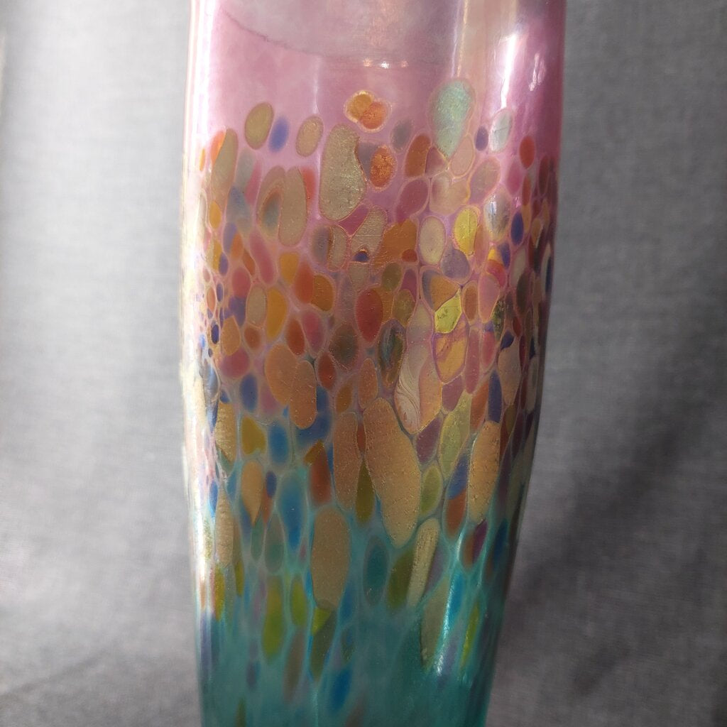 ROBERT HELD Art Glass Footed Vase Hand Blown Pulled Peacock Feather Pink Green Iridescent - The URBANARY Home and Garden