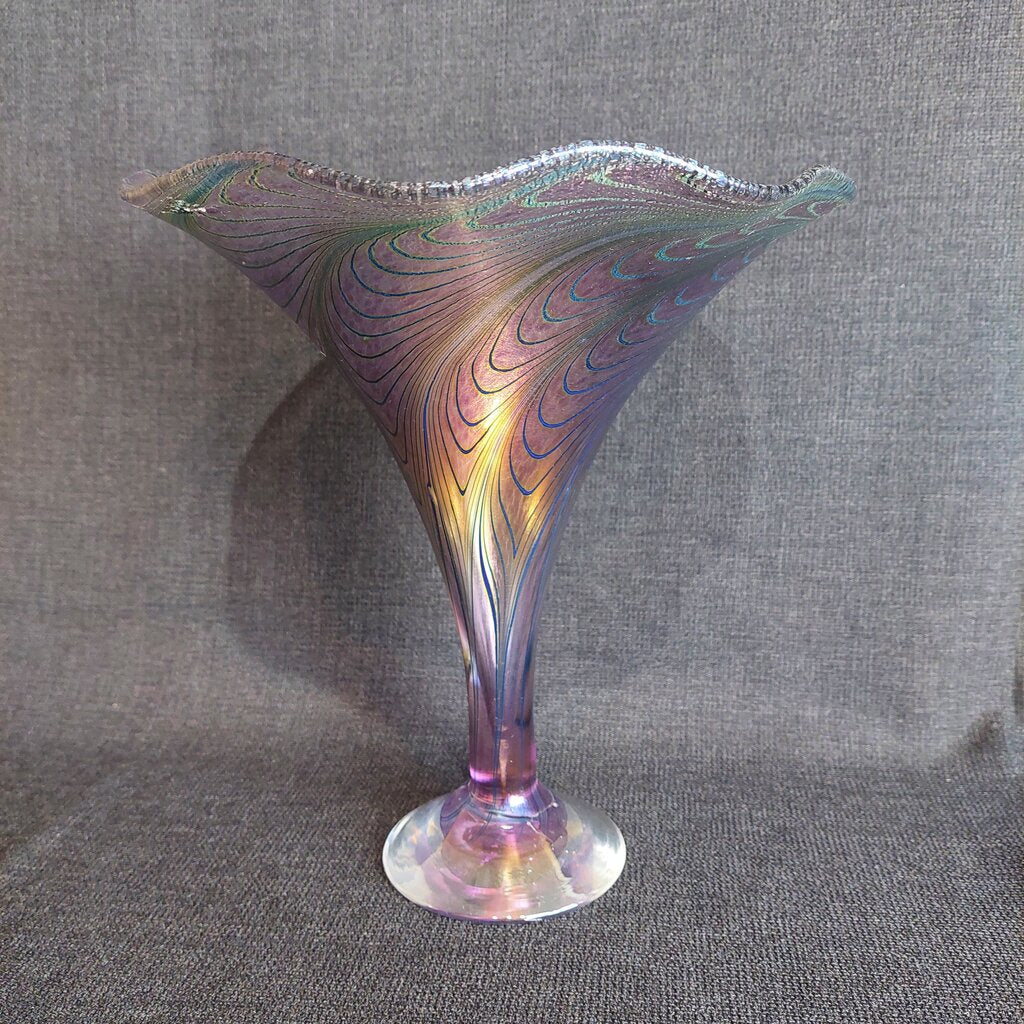 Robert Held Peacock Feather Art Glass Trumpet Vase Jeweltones 10"