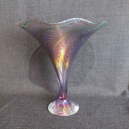 Robert Held Peacock Feather Art Glass Trumpet Vase Jeweltones 10"