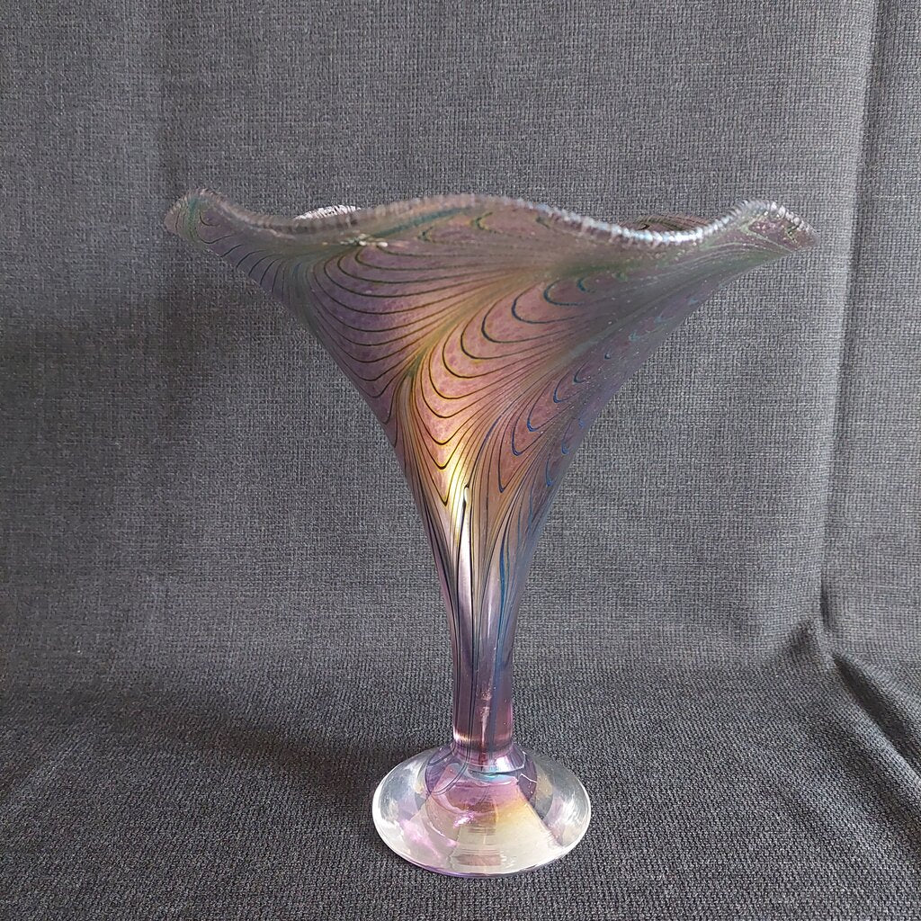 Robert Held Peacock Feather Art Glass Trumpet Vase Jeweltones 10"