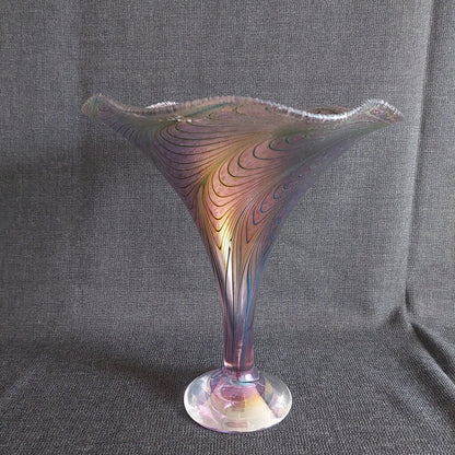 Robert Held Peacock Feather Art Glass Trumpet Vase Jeweltones 10"