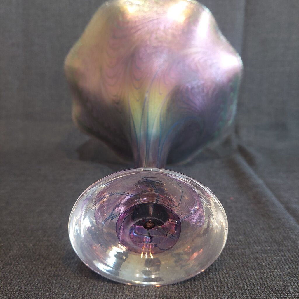 Robert Held Peacock Feather Art Glass Trumpet Vase Jeweltones 10"