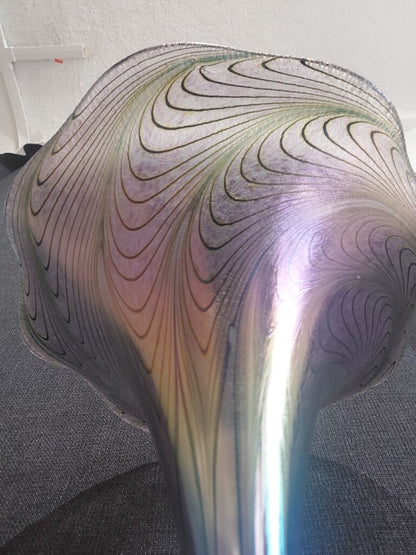 Robert Held Peacock Feather Art Glass Trumpet Vase Jeweltones 10"