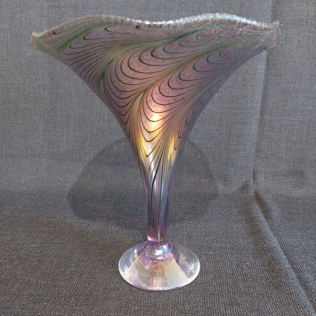 Robert Held Peacock Feather Art Glass Trumpet Vase Jeweltones 10"