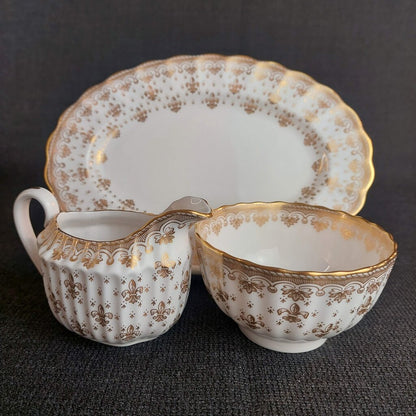 Spode Fleur De Lys Creamer Open Sugar Underplate 3Pcs Red Gold Backstamp