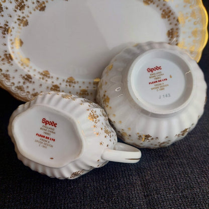 Spode Fleur De Lys Creamer Open Sugar Underplate 3Pcs Red Gold Backstamp