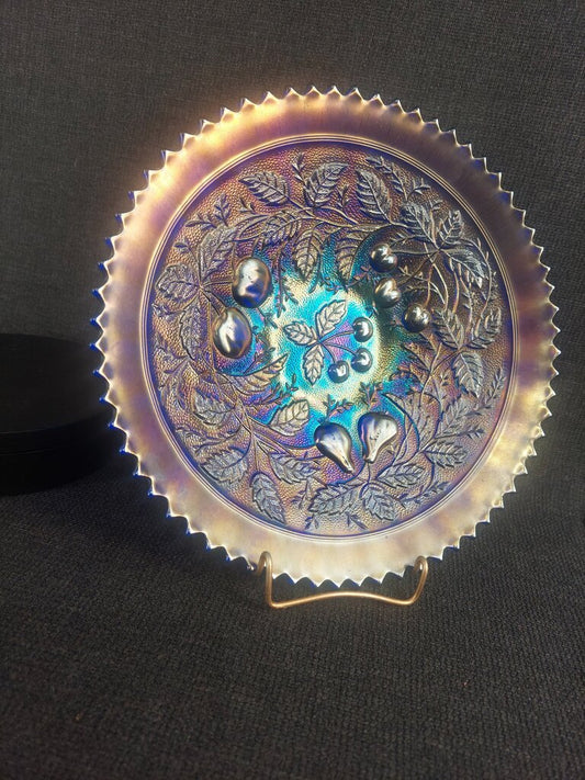 Northwood Carnival Glass Ribbed and Footed Plate w. 3 Fruits Pattern Sawtooth Rim