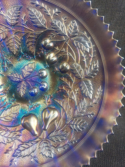 Northwood Carnival Glass Ribbed and Footed Bowl 3 Fruits Pattern w. Sawtooth Rim
