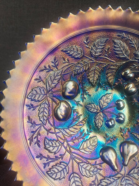 Northwood Carnival Glass Ribbed and Footed Plate w. 3 Fruits Pattern Sawtooth Rim