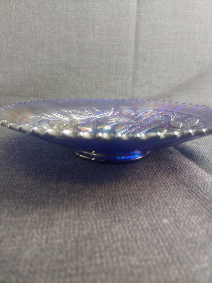 Northwood Carnival Glass Ribbed and Footed Bowl 3 Fruits Pattern w. Sawtooth Rim