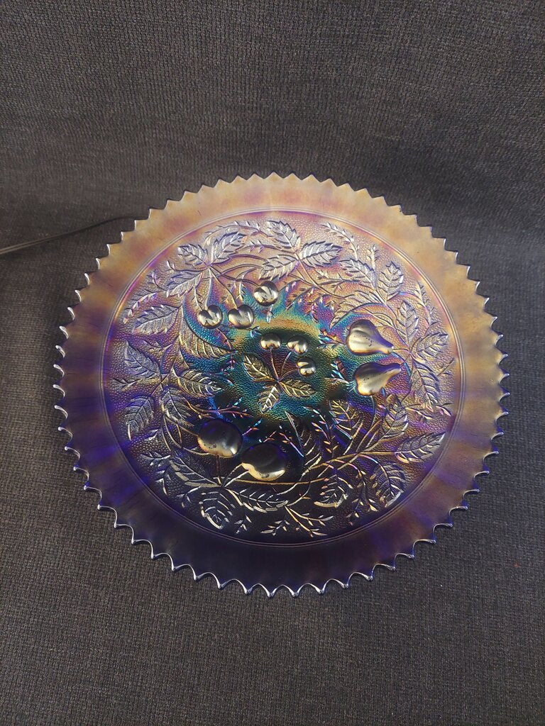 Northwood Carnival Glass Ribbed and Footed Bowl 3 Fruits Pattern w. Sawtooth Rim