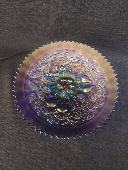 Northwood Carnival Glass Ribbed and Footed Bowl 3 Fruits Pattern w. Sawtooth Rim
