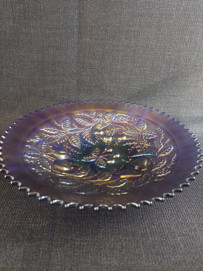 Northwood Carnival Glass Ribbed and Footed Bowl 3 Fruits Pattern w. Sawtooth Rim