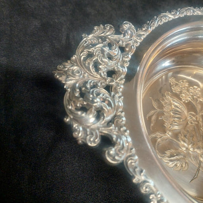 Decorative silver bowl with intricate designs on a dark background