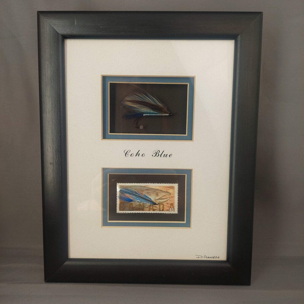 COHO BLUE Salmon Fly in Shadow Box Signed by Dennis Gamboa with BC Fishing Heritage Art Stamp