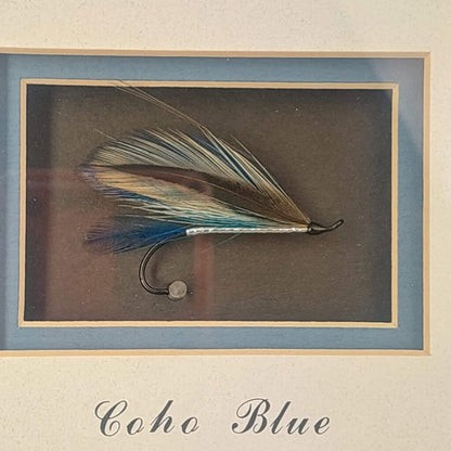 COHO BLUE Salmon Fly in Shadow Box Signed by Dennis Gamboa with BC Fishing Heritage Art Stamp