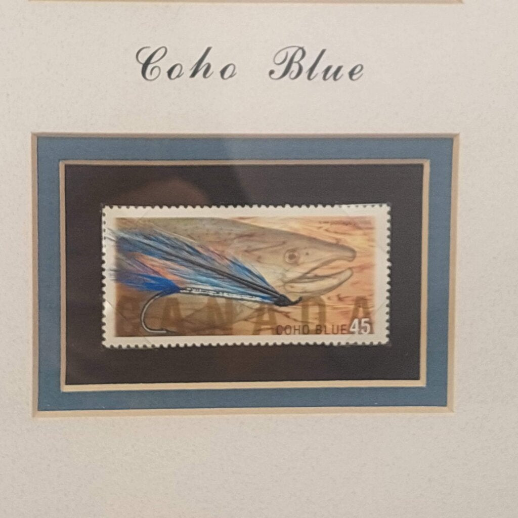 COHO BLUE Salmon Fly in Shadow Box Signed by Dennis Gamboa with BC Fishing Heritage Art Stamp