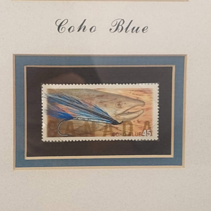 COHO BLUE Salmon Fly in Shadow Box Signed by Dennis Gamboa with BC Fishing Heritage Art Stamp