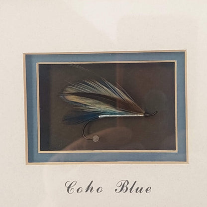 COHO BLUE Salmon Fly in Shadow Box Signed by Dennis Gamboa with BC Fishing Heritage Art Stamp