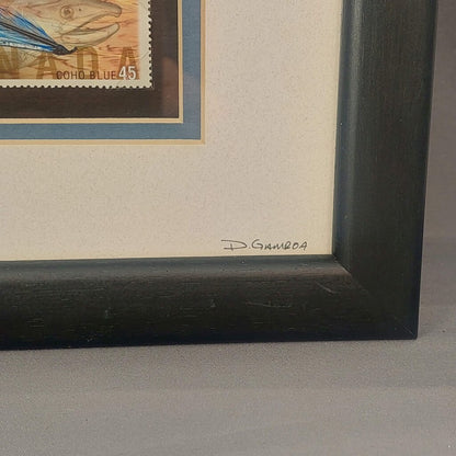 COHO BLUE Salmon Fly in Shadow Box Signed by Dennis Gamboa with BC Fishing Heritage Art Stamp