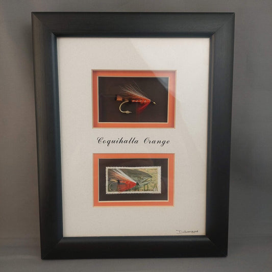 COQUIHALLA ORANGE - Framed Steelhead Fly Signed D.Gamboa w. BC Fishing Canada Stamp