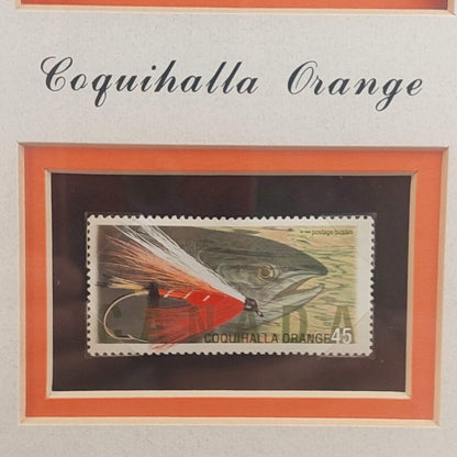 COQUIHALLA ORANGE - Framed Steelhead Fly Signed D.Gamboa w. BC Fishing Canada Stamp