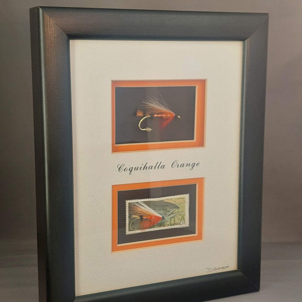 COQUIHALLA ORANGE - Framed Steelhead Fly Signed D.Gamboa w. BC Fishing Canada Stamp