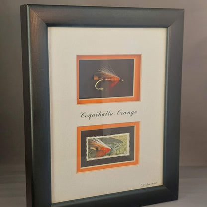 COQUIHALLA ORANGE - Framed Steelhead Fly Signed D.Gamboa w. BC Fishing Canada Stamp