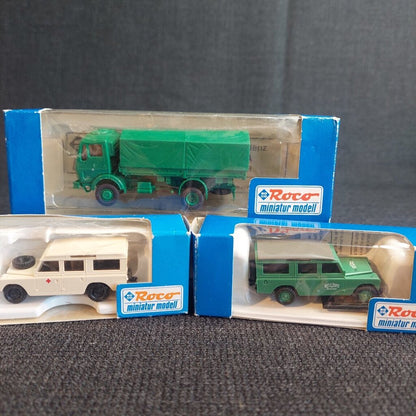 3x Roco Minitanks HO 1:87 Scale Bundle: Mercedes 1383 & Land Rovers 1380, 1585 Boxed